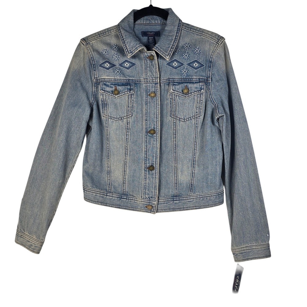 Chaps Denim Womens Medium Blue Embroidered Trucker Jacket Asheville Wash NWT